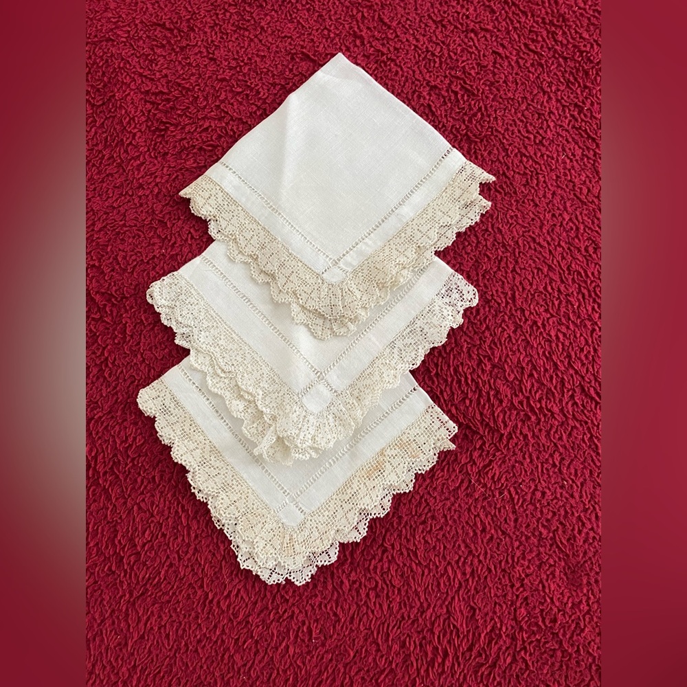 3 Vintage Linen Handkerchiefs or Napkins